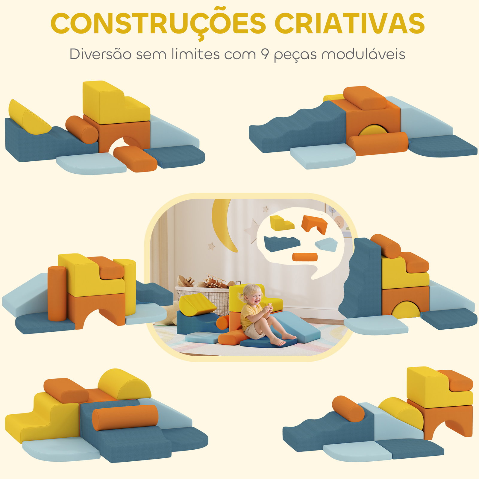 Conjunto de 9 blocos de espuma para crianças com capas de veludo laváveis blocos de psicomotricidade para escalar e rastejar multicor