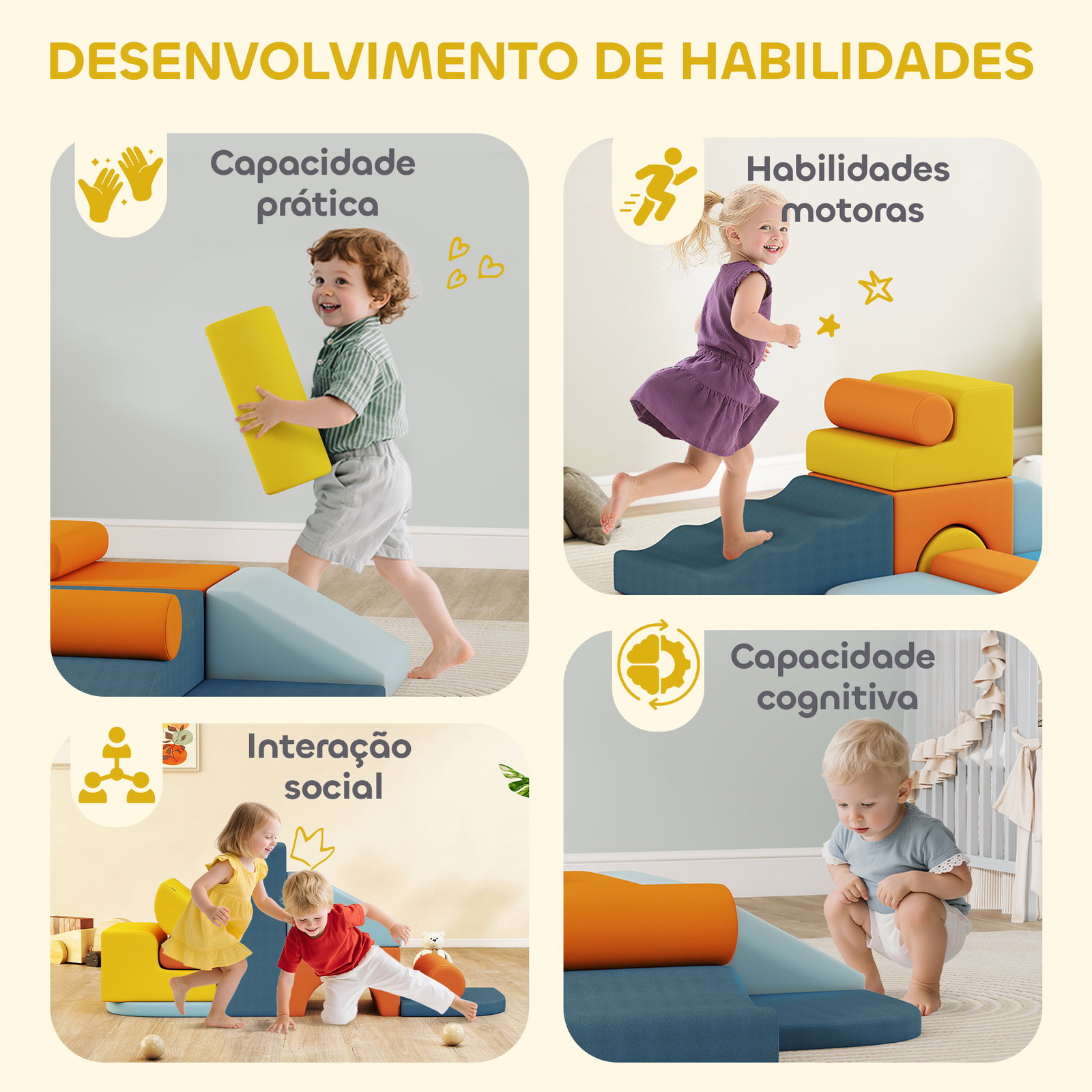 Conjunto de 9 blocos de espuma para crianças com capas de veludo laváveis blocos de psicomotricidade para escalar e rastejar multicor
