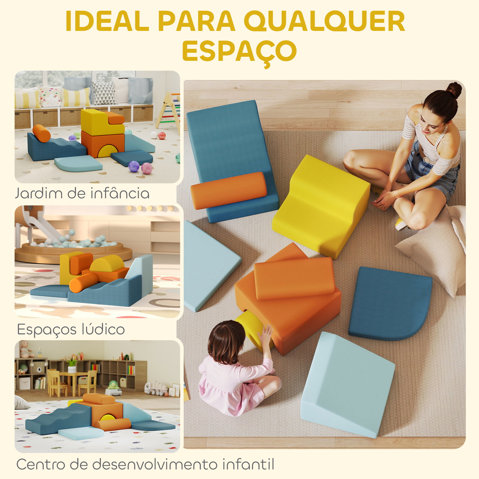 Conjunto de 9 blocos de espuma para crianças com capas de veludo laváveis blocos de psicomotricidade para escalar e rastejar multicor