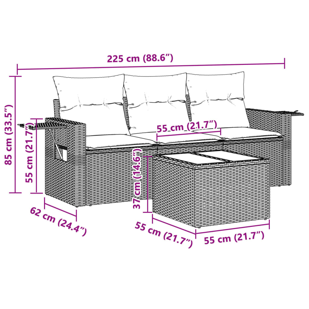 4 Pcs conj. sofás jardim c/ almofadões vime PE cinzento-claro