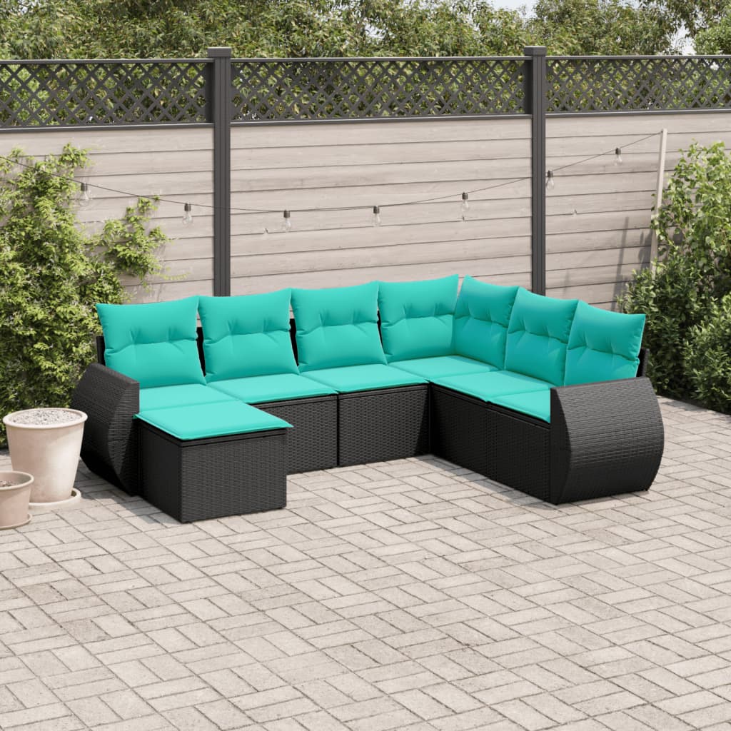 Conjunto de sofá de jardim com 7 peças e almofadas em rattan sintético preto