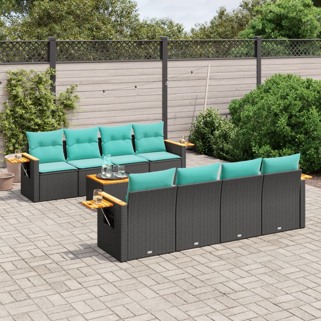 9 Pcs conjunto de sofás p/ jardim c/ almofadões vime PE preto
