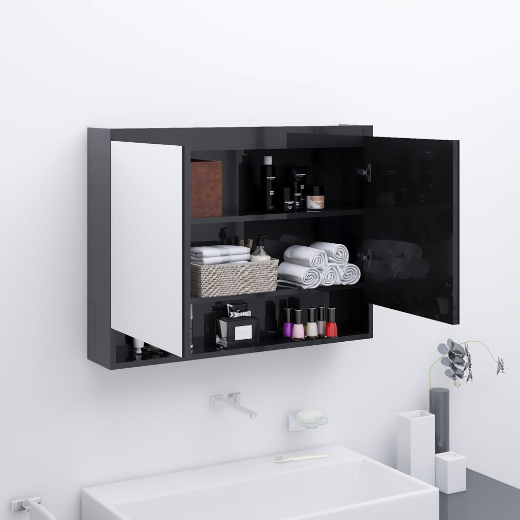 Armário espelhado p/ casa banho 80x15x60 cm MDF preto brilhante