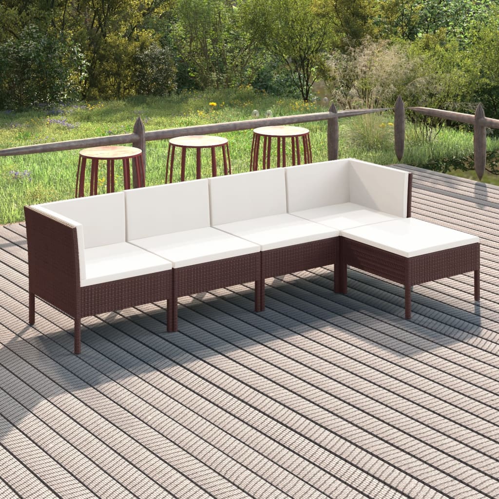5 Pcs conjunto lounge jardim c/ almofadões vime PE castanho