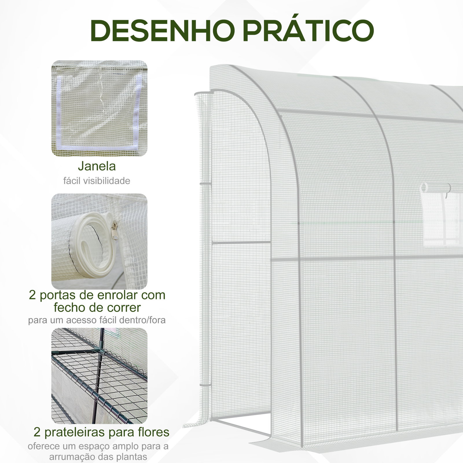Estufa Pequena Estufa de Exterior com Janelas Prateleiras de 3 Níveis Estufa para Cultivo de Plantas Flores 200x100x215 cm Branc
