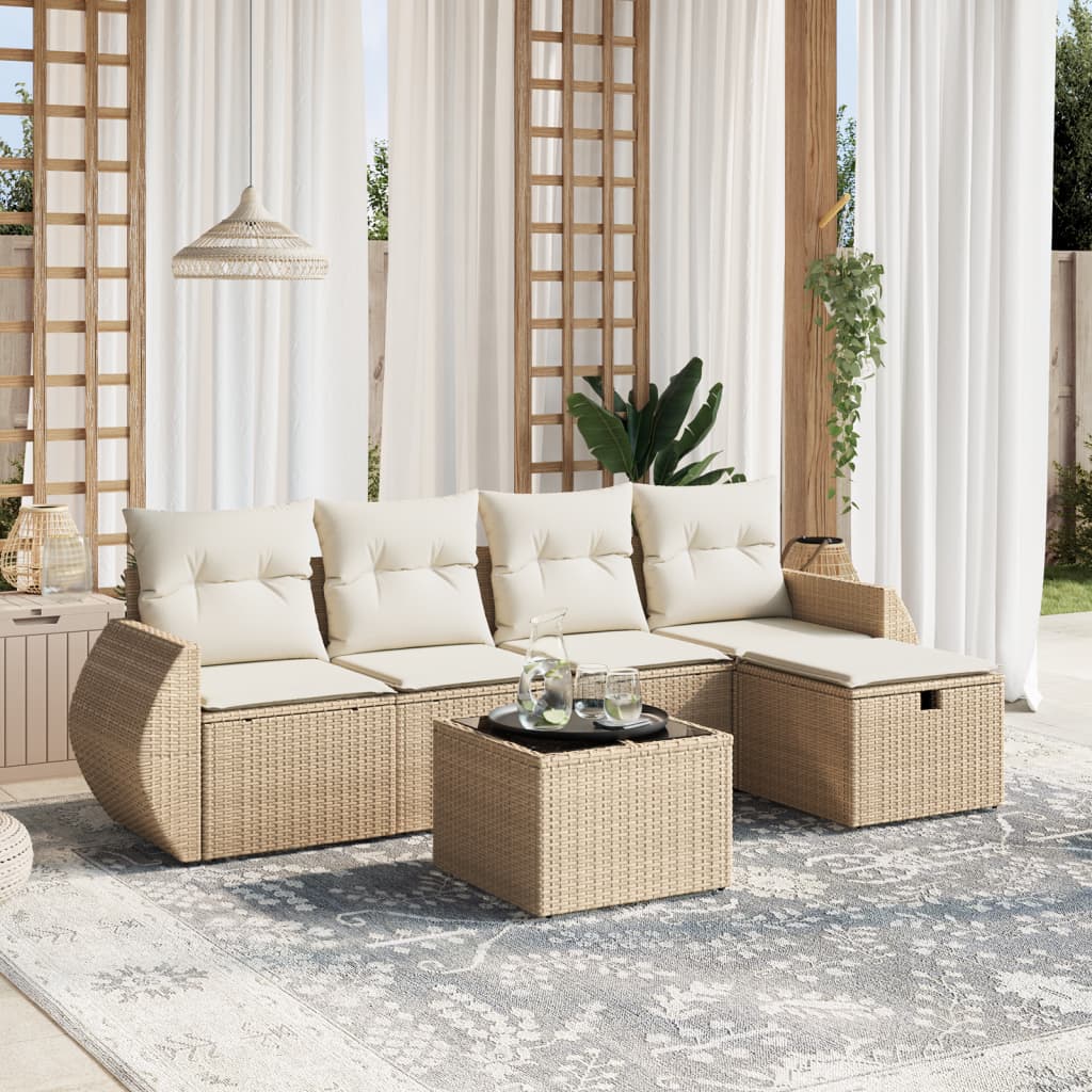6 Pcs conjunto de sofás p/ jardim com almofadões vime PE bege