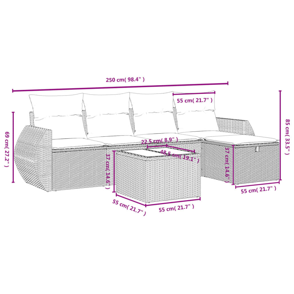 6 Pcs conjunto de sofás p/ jardim com almofadões vime PE bege