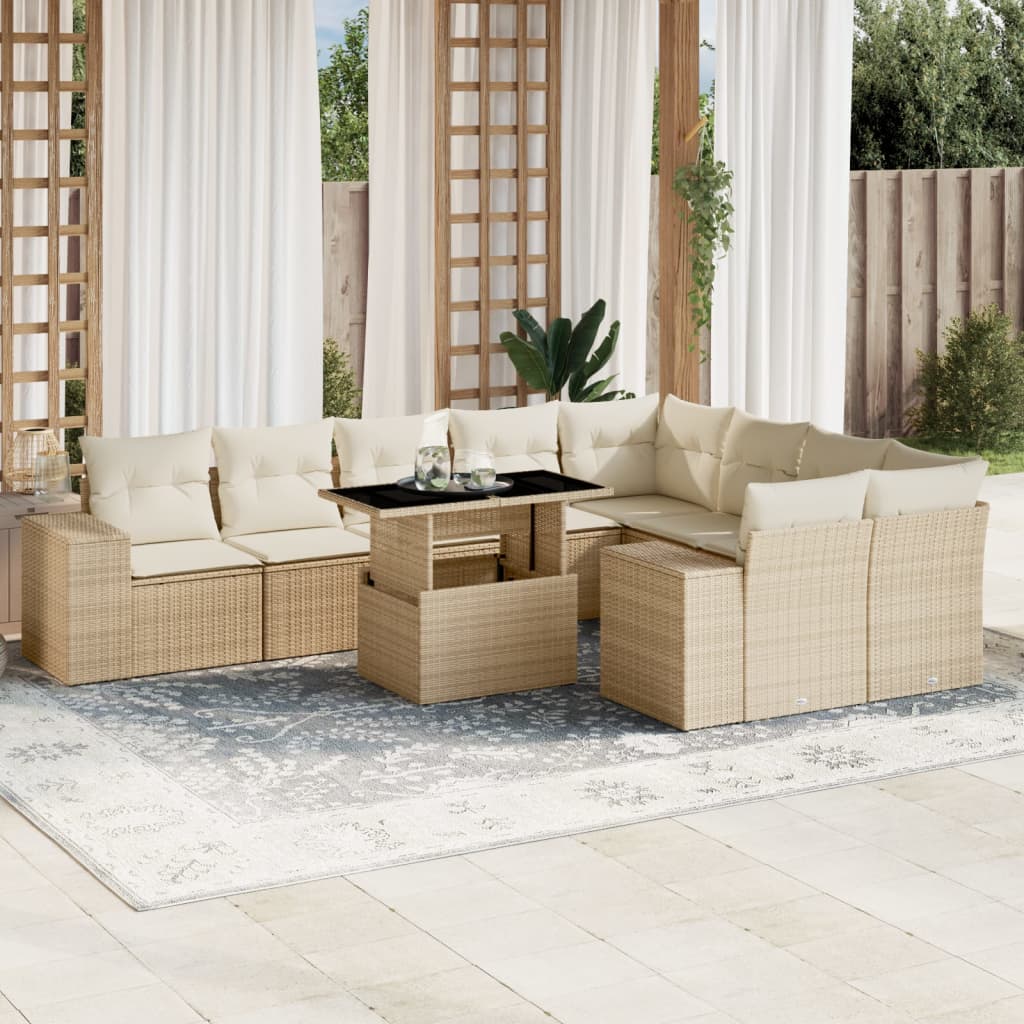 10 Pcs conjunto de sofás p/ jardim com almofadões vime PE bege