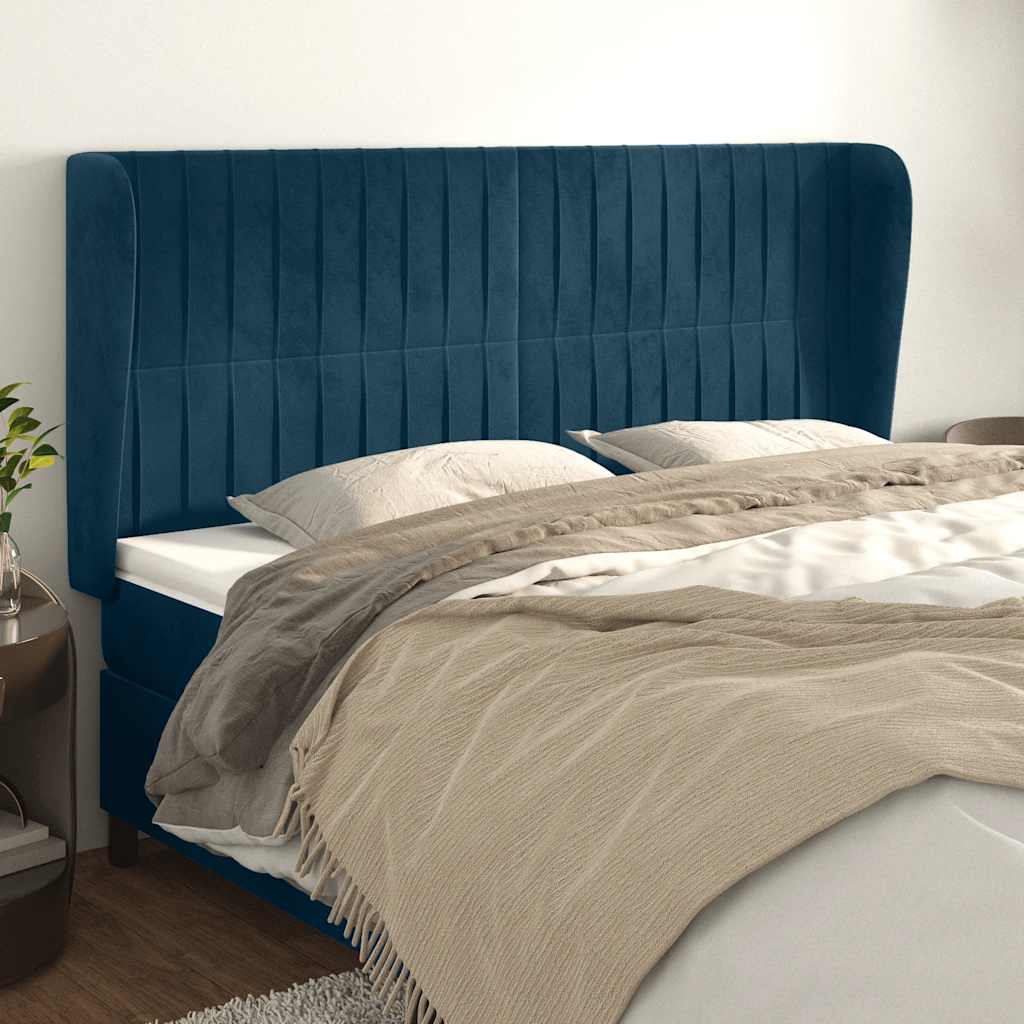 Cabeceira cama c/ abas veludo 183x23x118/128 cm azul-escuro