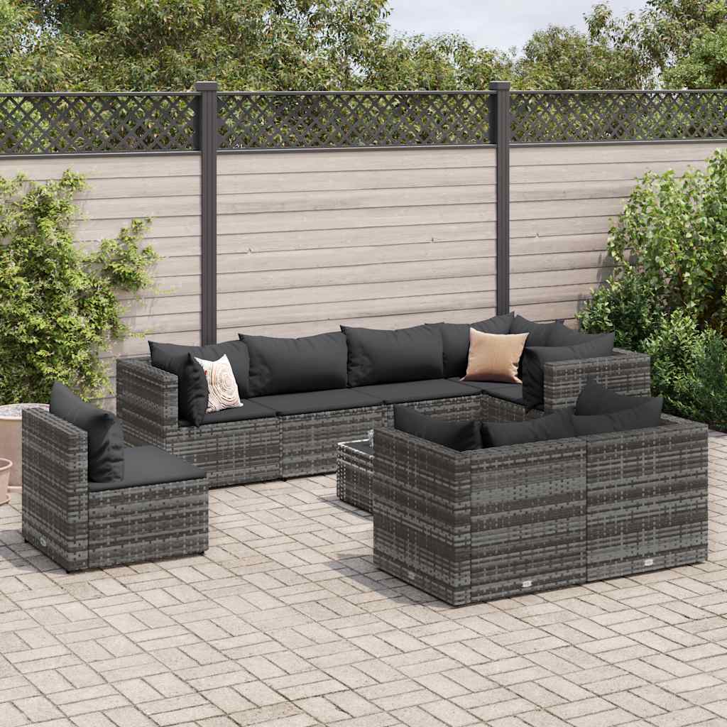 9 Pcs conjunto lounge de jardim c/ almofadões vime PE cinzento