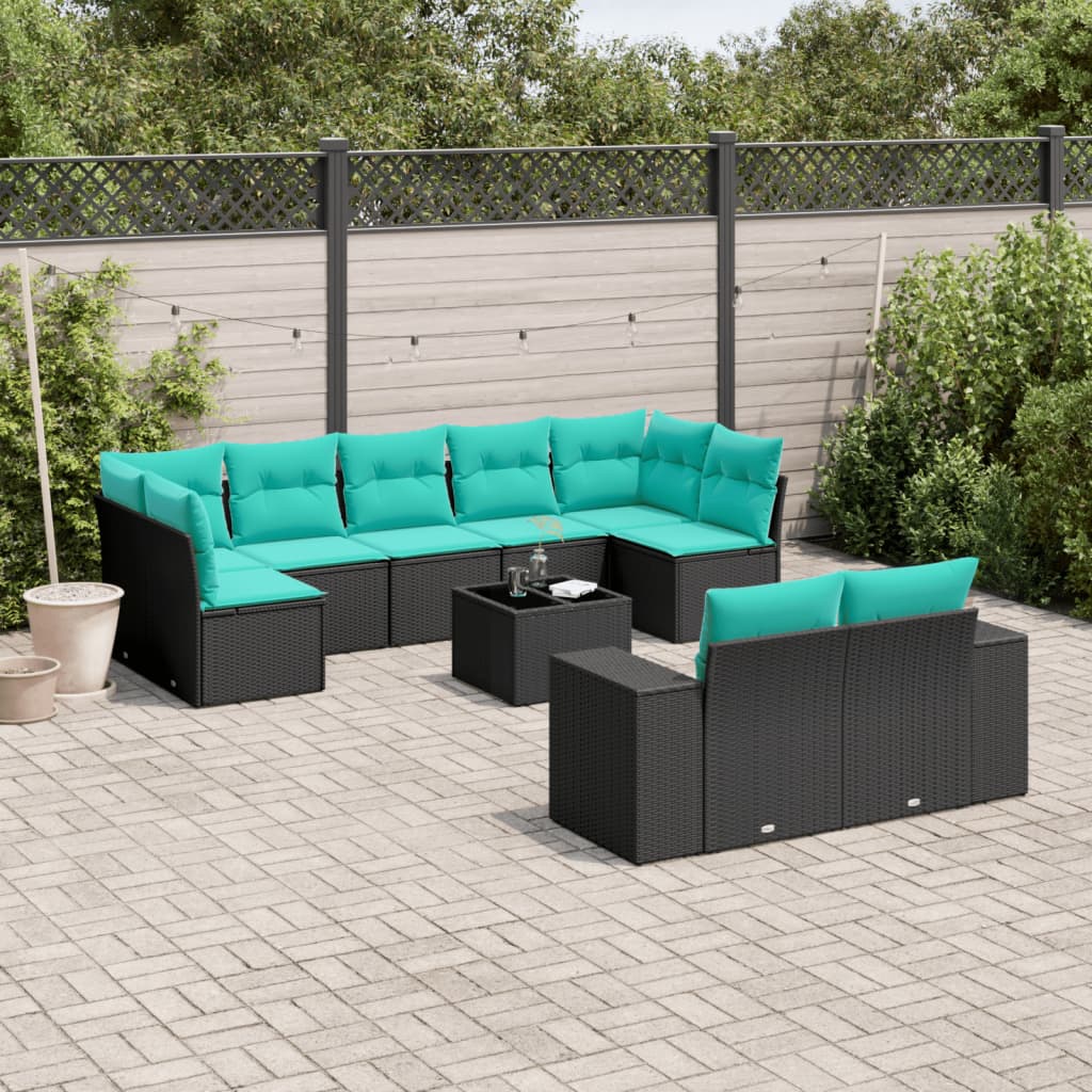 Conjunto de sofá de jardim com 10 peças e almofadas em rattan sintético preto