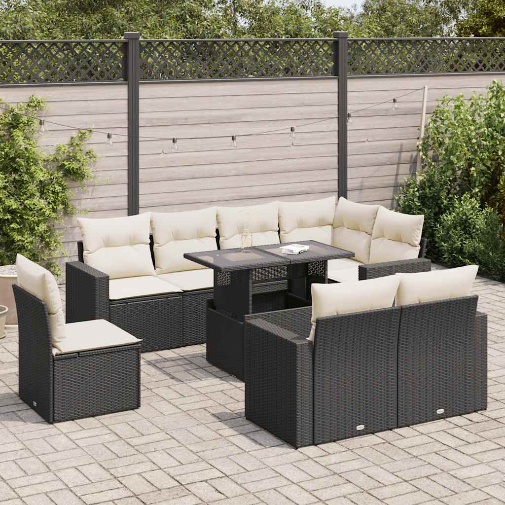 9 Pcs conjunto de sofás p/ jardim c/ almofadões vime PE preto