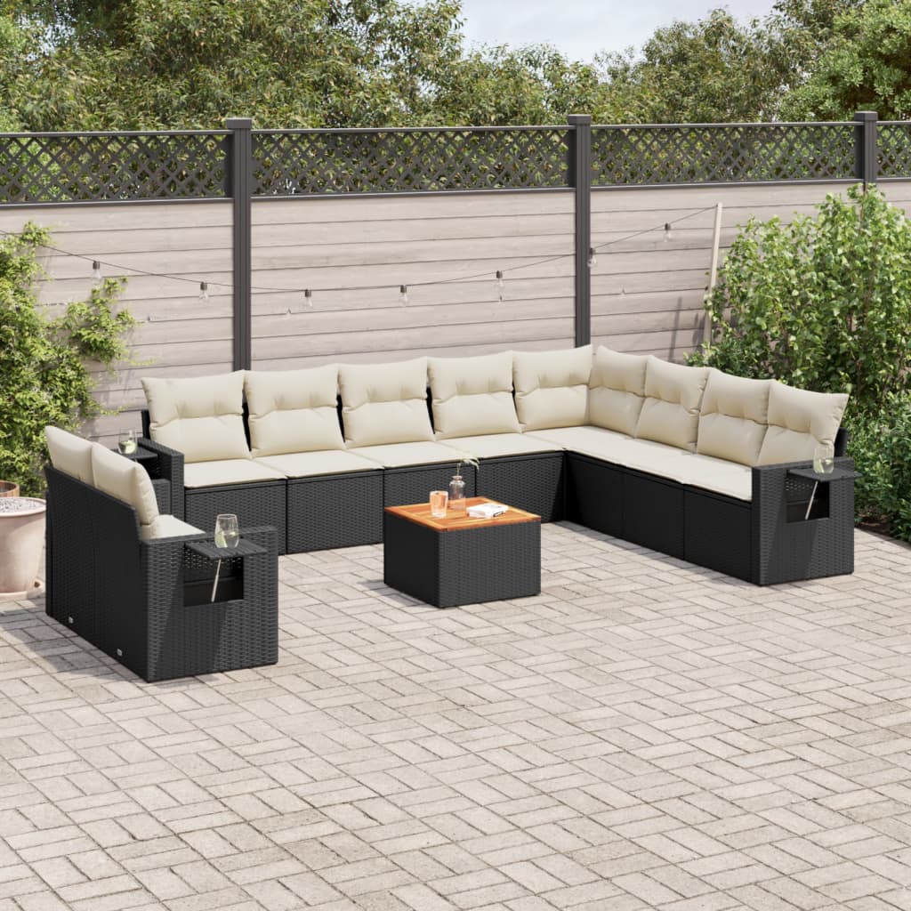 11 Pcs conjunto sofás de jardim c/ almofadões vime PE preto