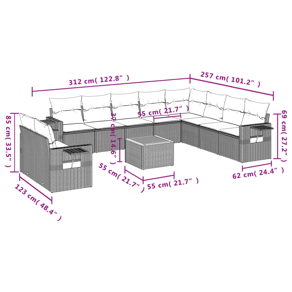 11 Pcs conjunto sofás de jardim c/ almofadões vime PE preto