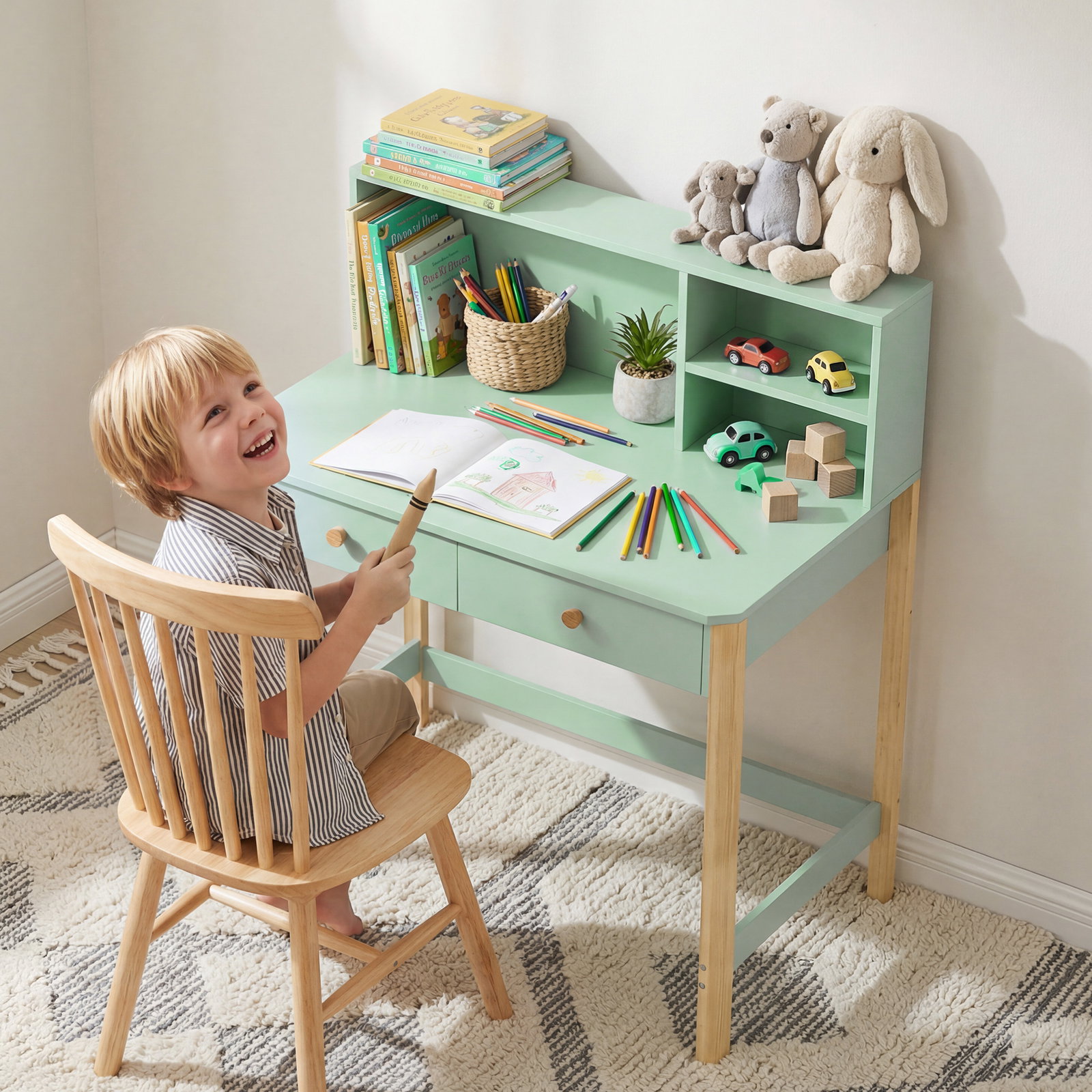 Secretária infantil mesa de estudo para crianças com 3 compartimentos abertos e 2 gavetões 90x52x105 cm verde