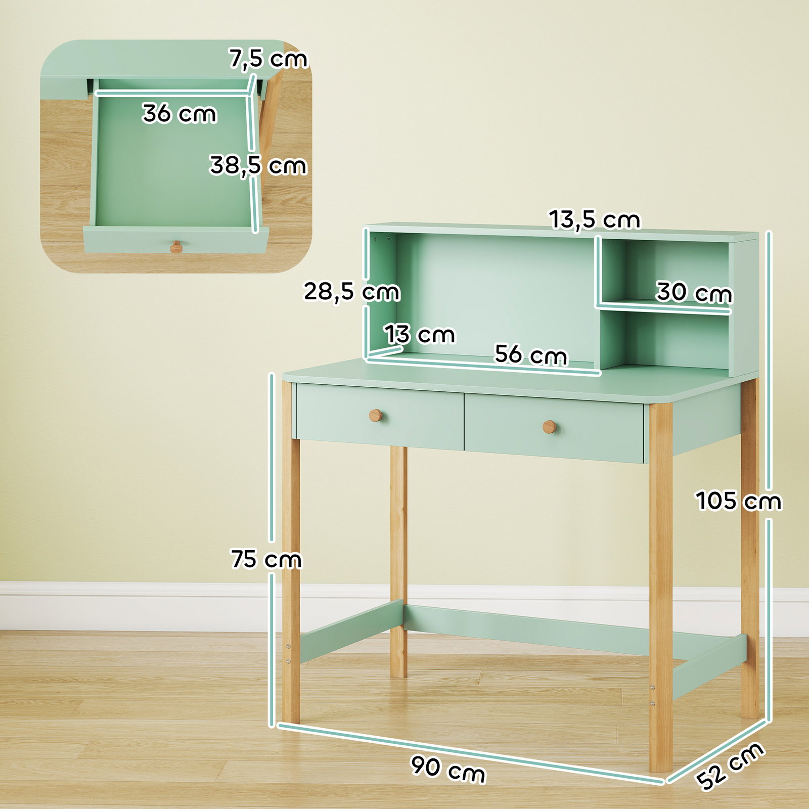 Secretária infantil mesa de estudo para crianças com 3 compartimentos abertos e 2 gavetões 90x52x105 cm verde