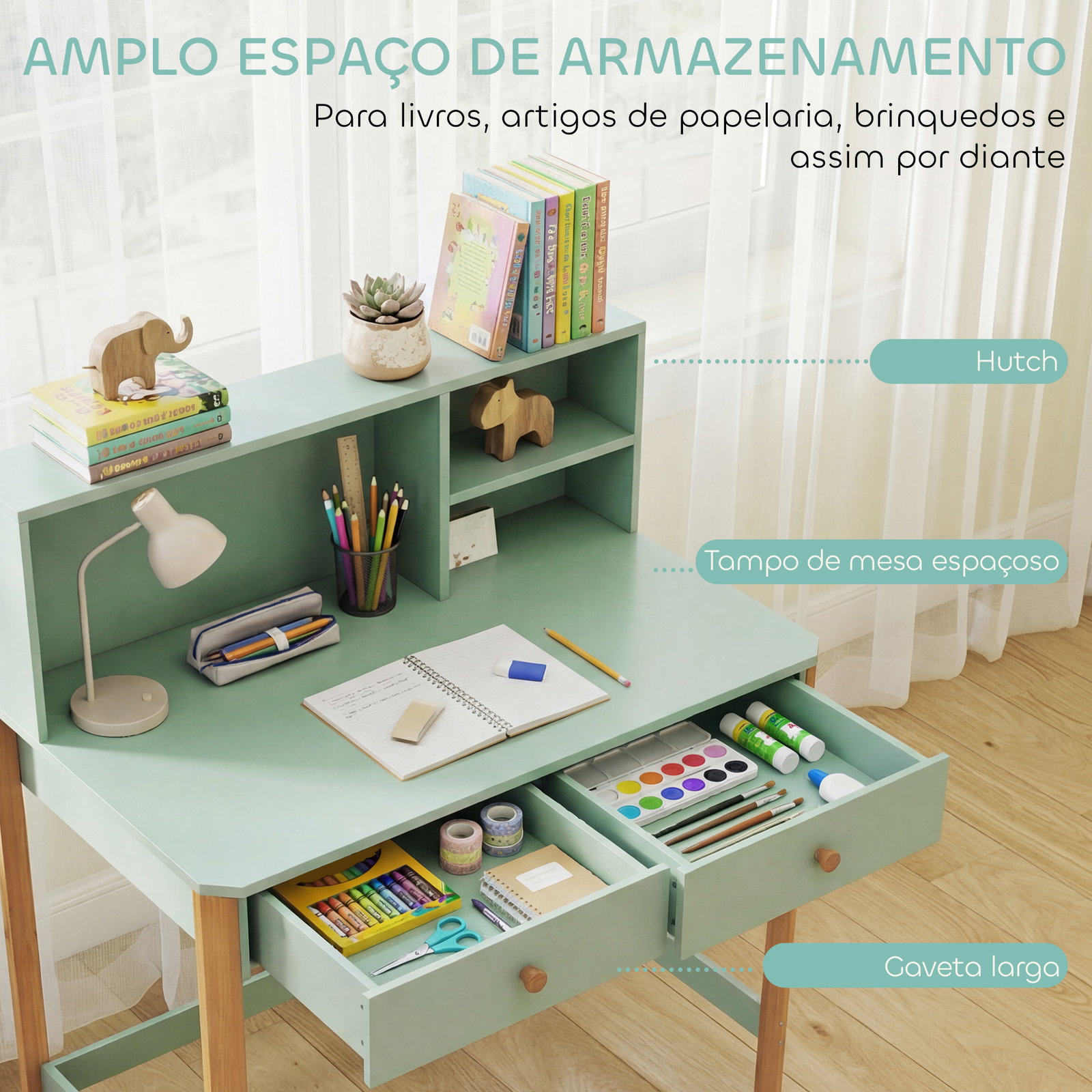 Secretária infantil mesa de estudo para crianças com 3 compartimentos abertos e 2 gavetões 90x52x105 cm verde