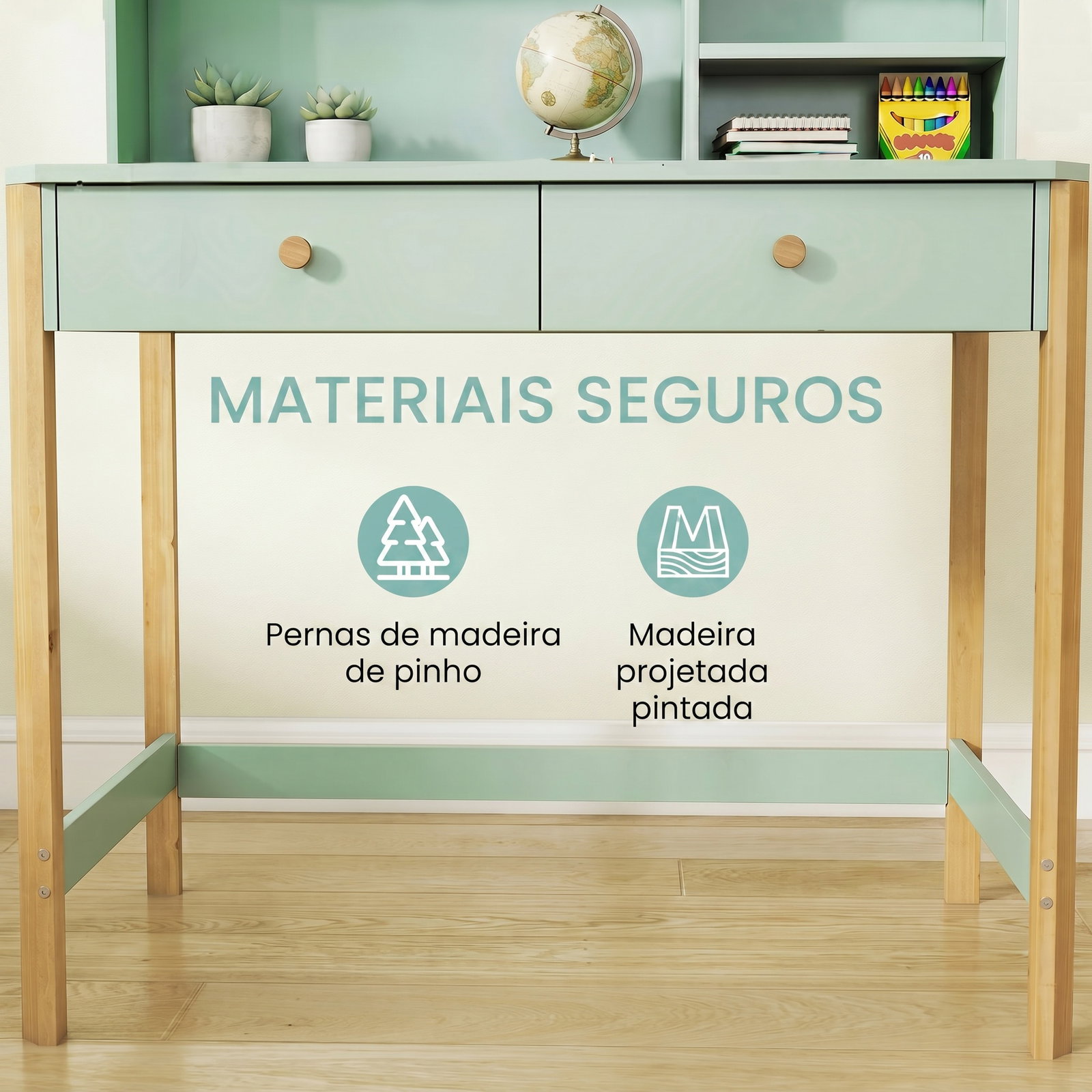 Secretária infantil mesa de estudo para crianças com 3 compartimentos abertos e 2 gavetões 90x52x105 cm verde