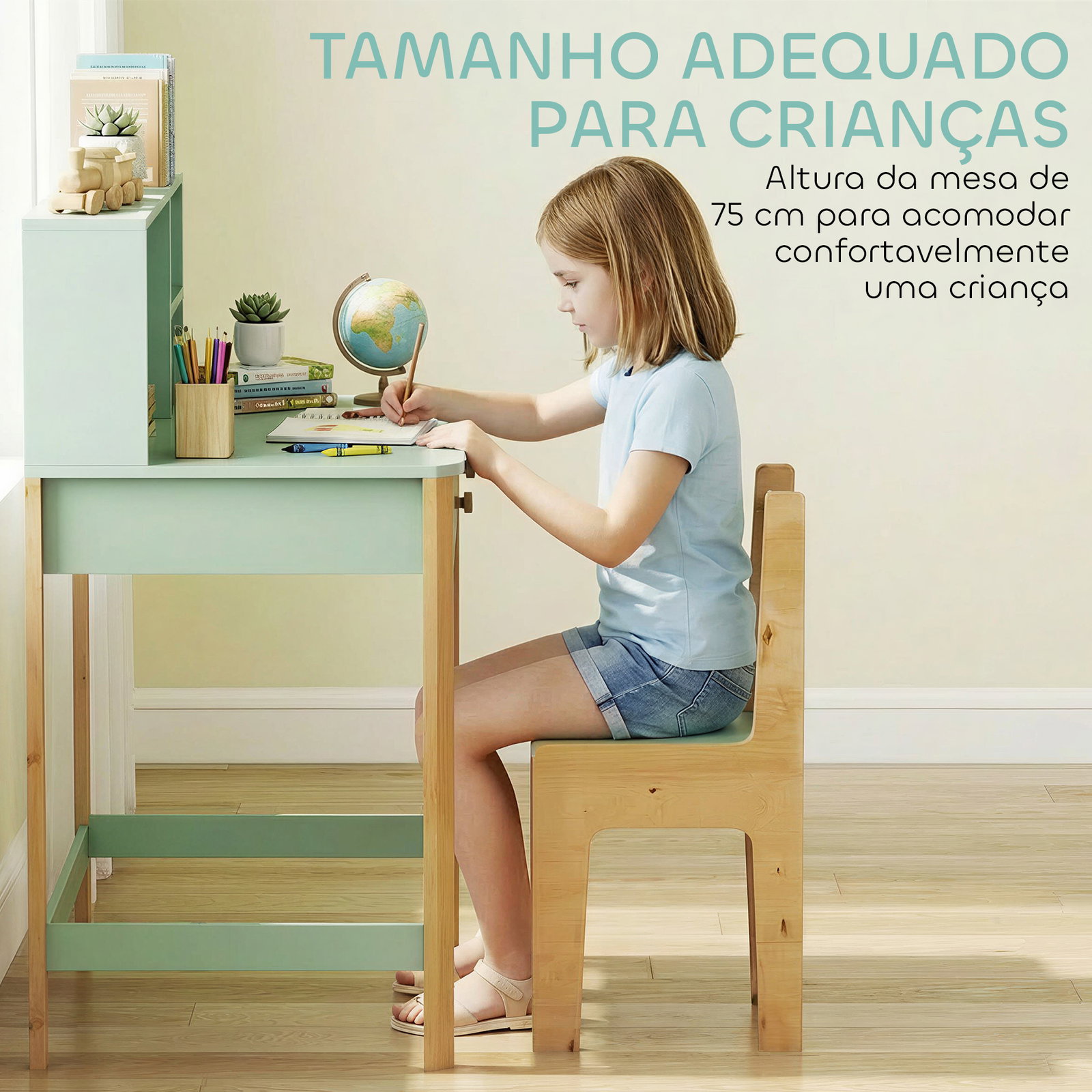 Secretária infantil mesa de estudo para crianças com 3 compartimentos abertos e 2 gavetões 90x52x105 cm verde