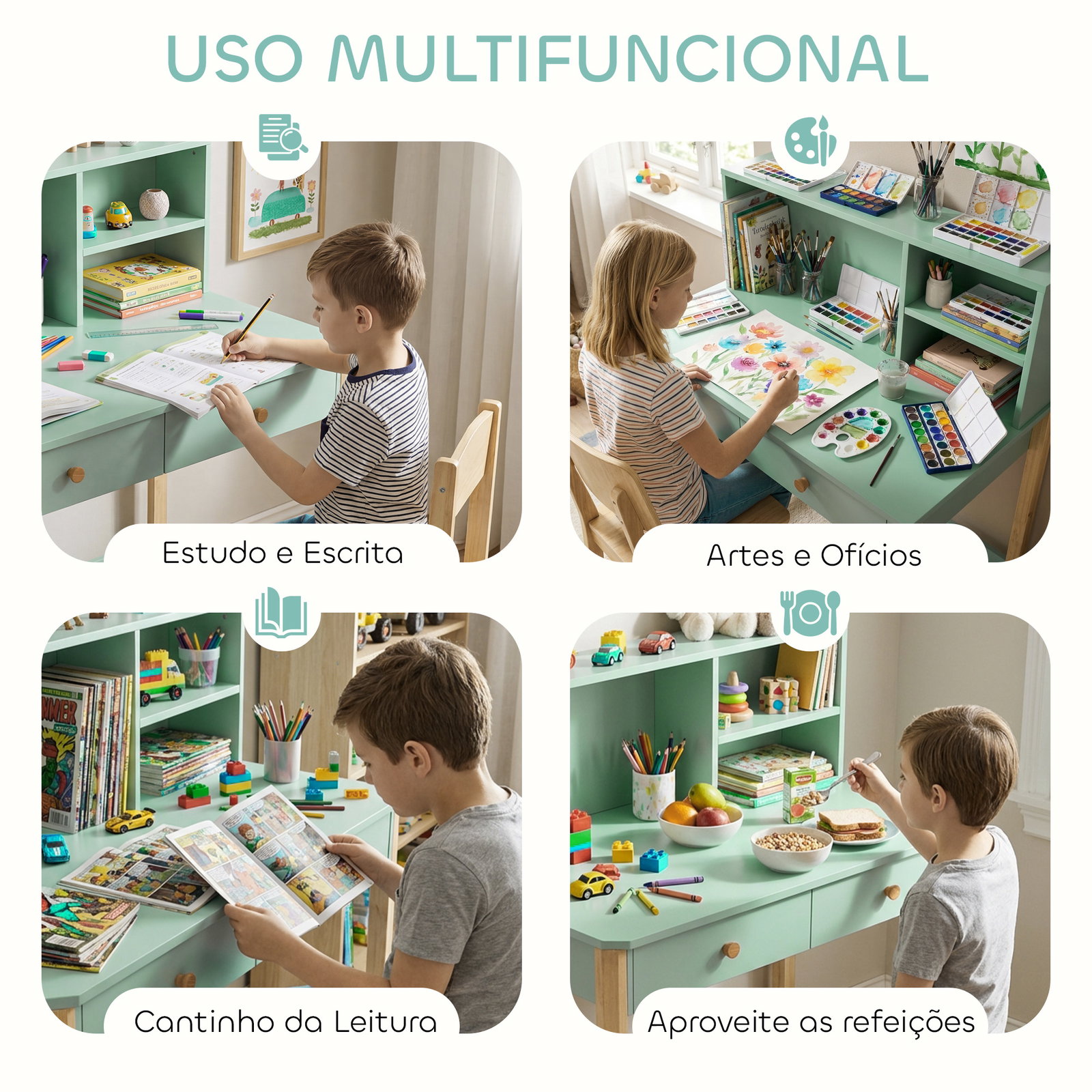 Secretária infantil mesa de estudo para crianças com 3 compartimentos abertos e 2 gavetões 90x52x105 cm verde