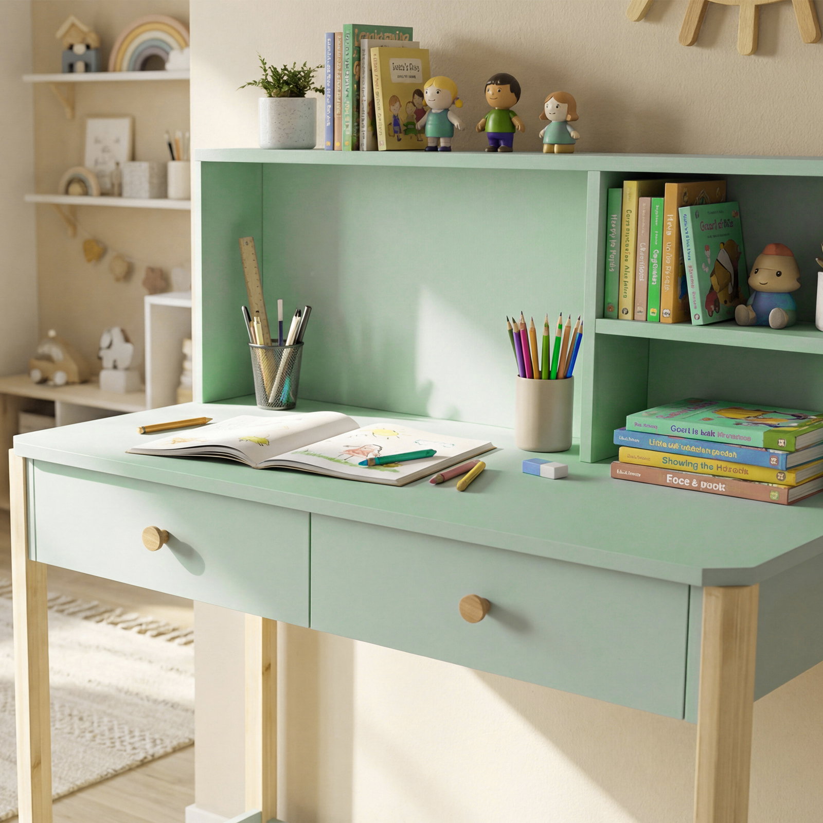 Secretária infantil mesa de estudo para crianças com 3 compartimentos abertos e 2 gavetões 90x52x105 cm verde