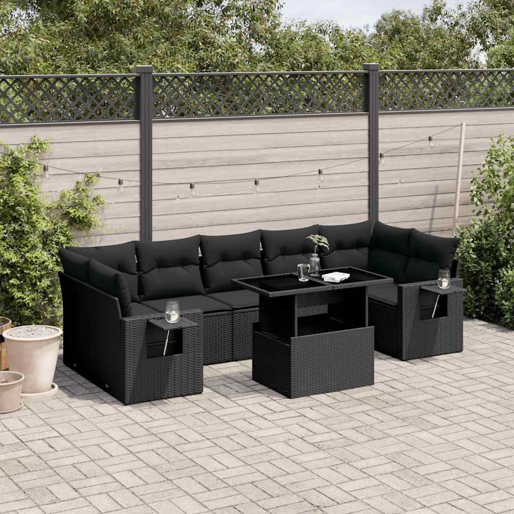 8 Pcs conjunto sofás de jardim com almofadões vime PE preto