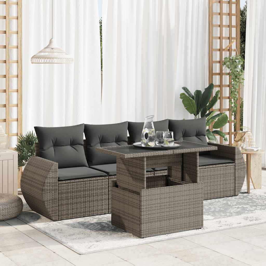 5 Pcs conjunto sofás de jardim c/ almofadões vime PE cinzento
