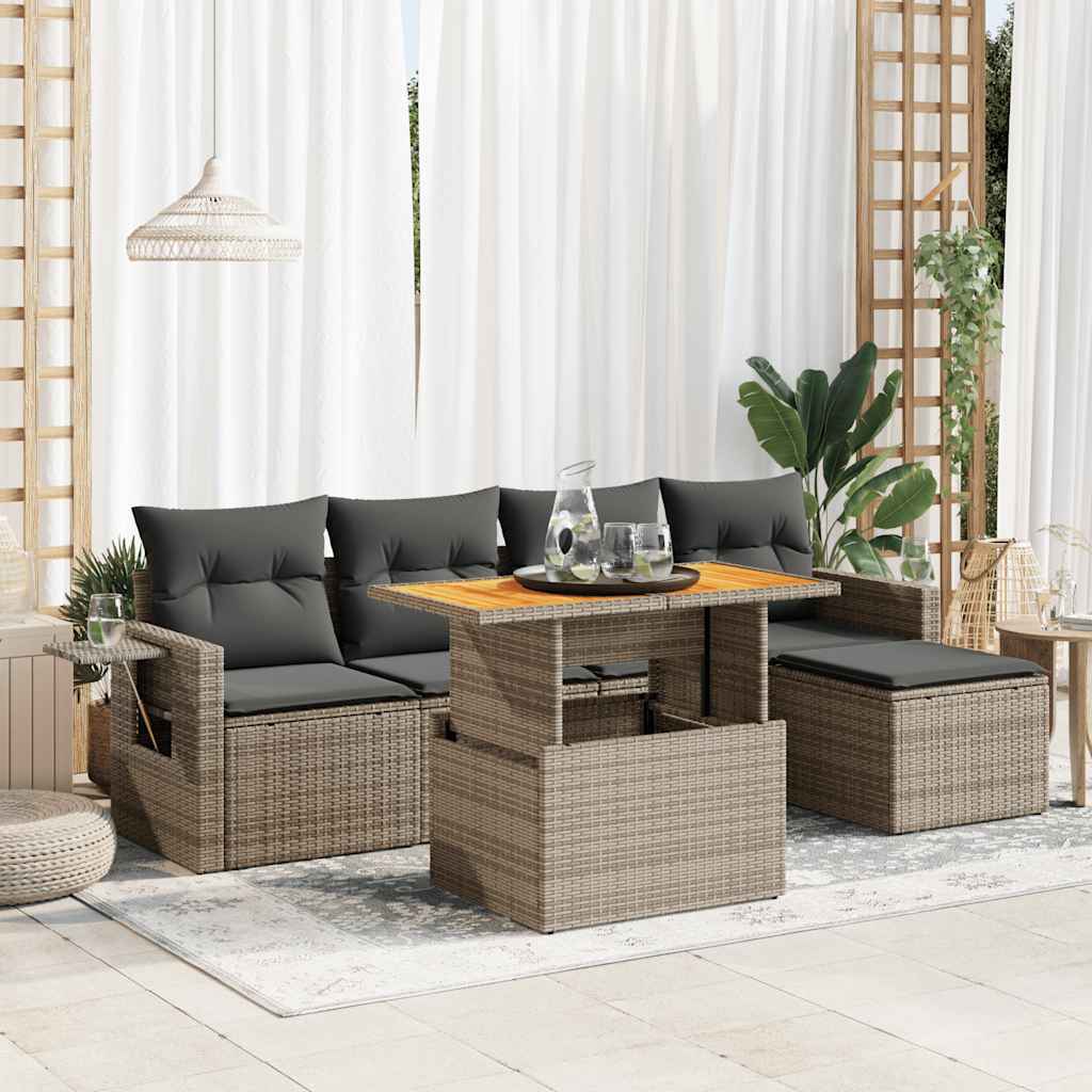 6 Pcs conjunto sofás de jardim com almofadões vime cinzento