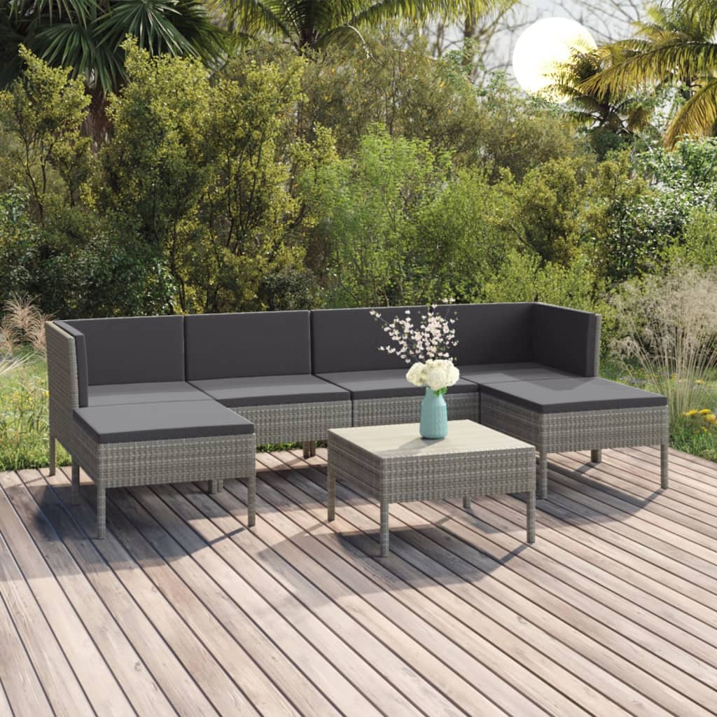 7 Pcs conjunto lounge de jardim c/ almofadões vime PE cinzento