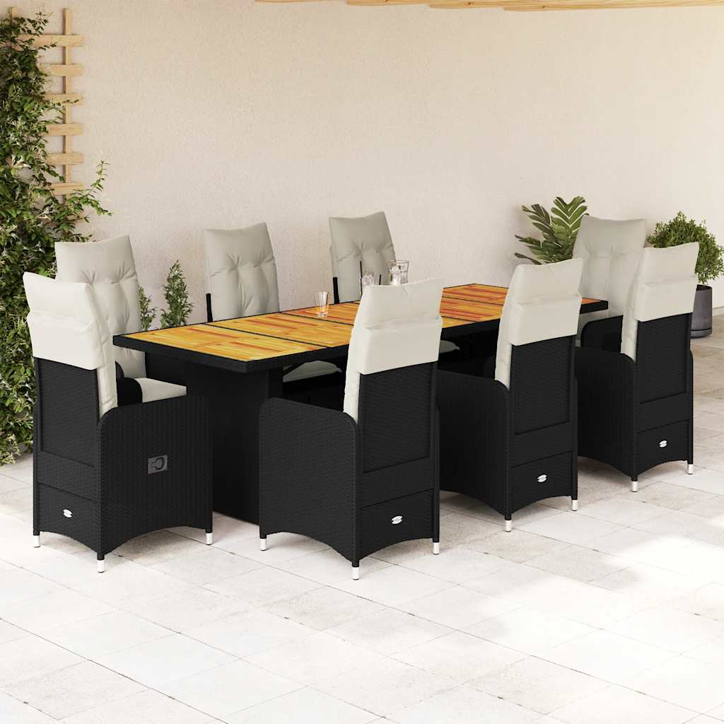 9 Pcs conjunto de bistrô p/ jardim c/ almofadões vime PE preto