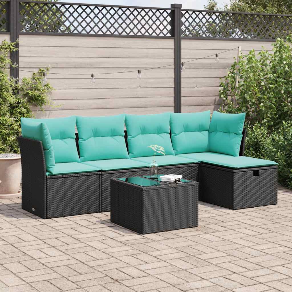 6 Pcs conjunto sofás de jardim c/ almofadões vime PE preto
