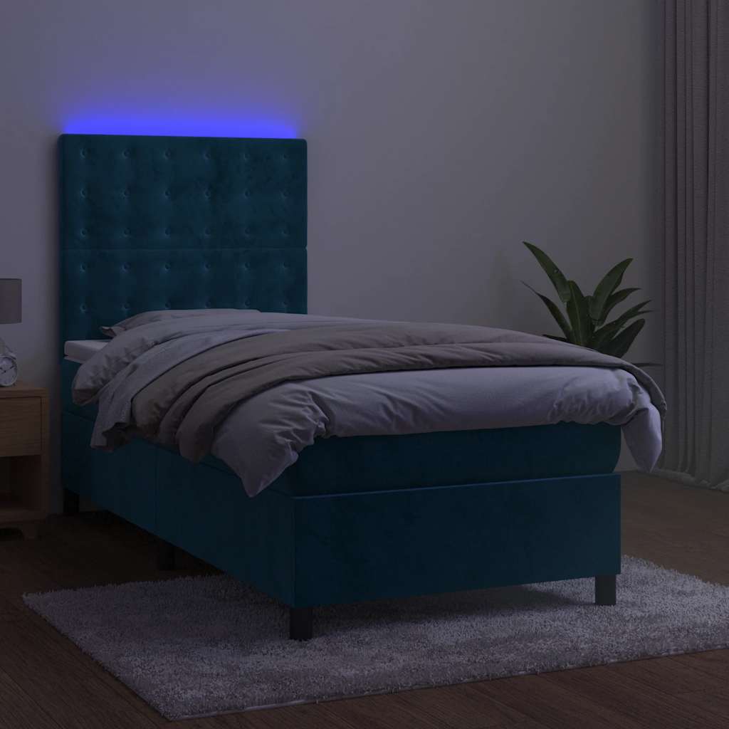 Cama box spring c/ colchão/LED 90x200 cm veludo azul-escuro