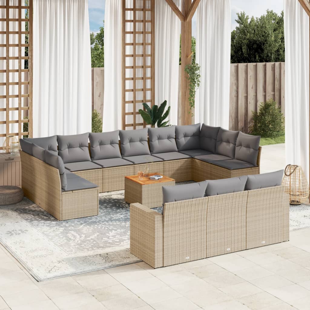 14 Pcs conjunto de sofás p/ jardim com almofadões vime PE bege