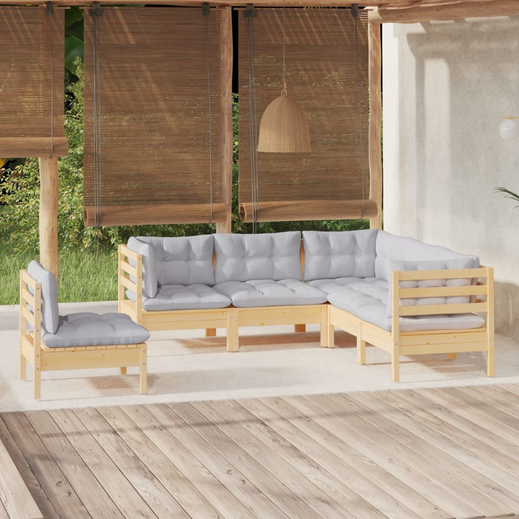 5 Pcs conjunto lounge de jardim c/ almofadões cinza pinho