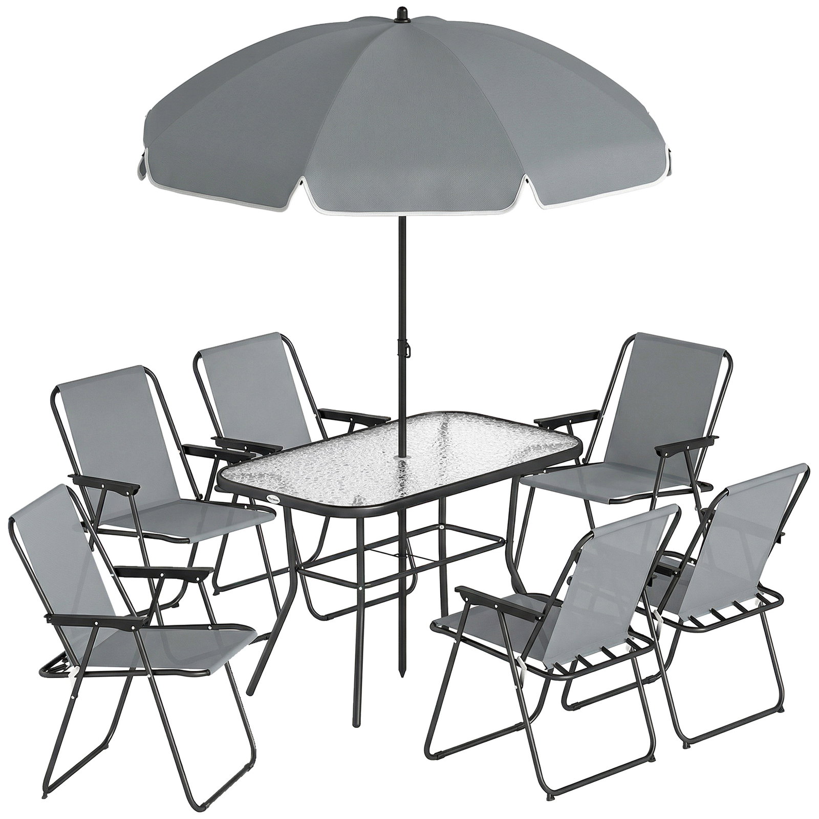 Conjunto de mesa e cadeiras de jardim de 8 peças com chapéu de sol 6 cadeiras dobráveis e mesa de vidro cinza