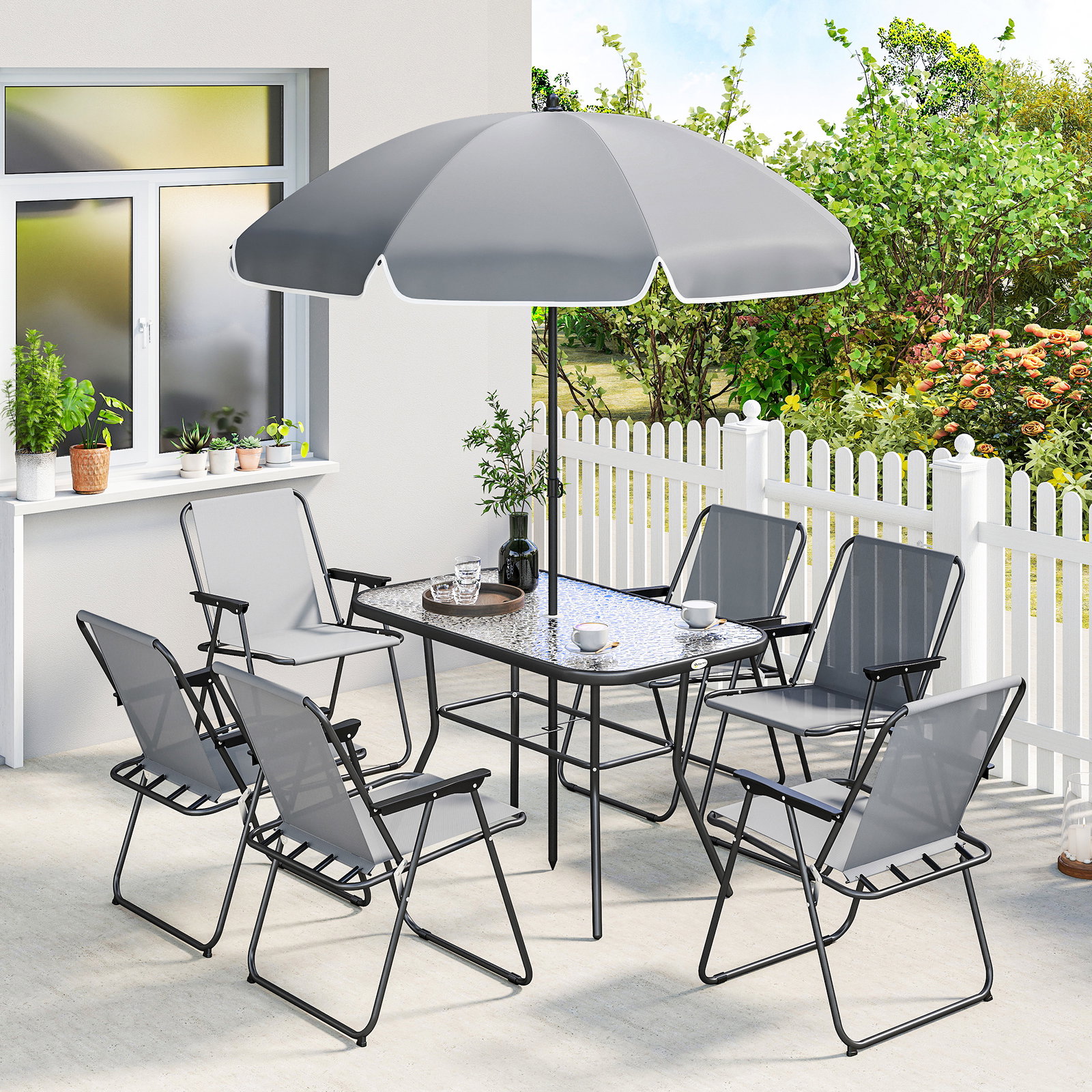 Conjunto de mesa e cadeiras de jardim de 8 peças com chapéu de sol 6 cadeiras dobráveis e mesa de vidro cinza