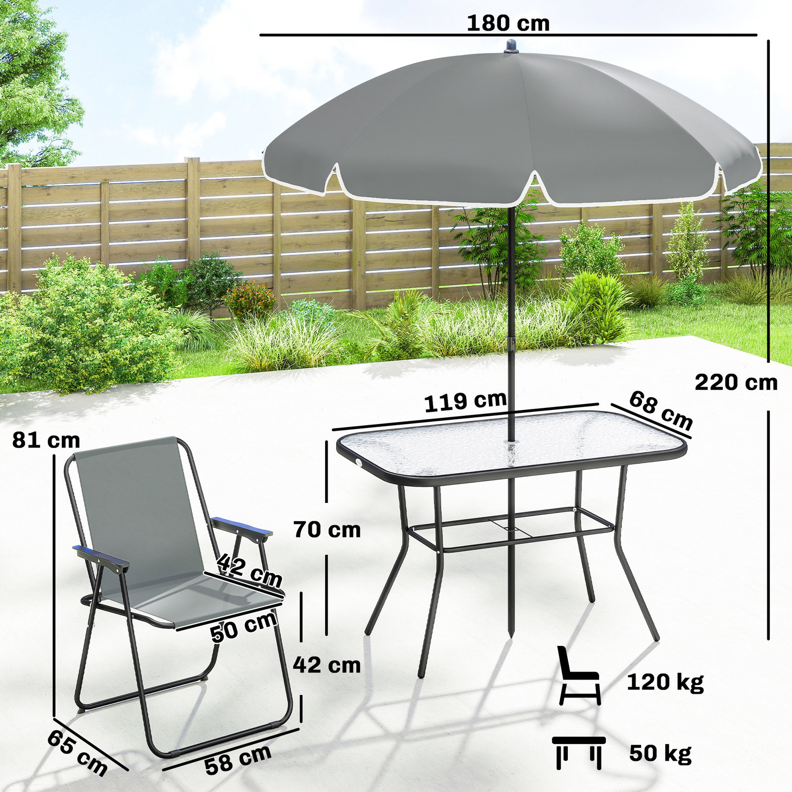 Conjunto de mesa e cadeiras de jardim de 8 peças com chapéu de sol 6 cadeiras dobráveis e mesa de vidro cinza