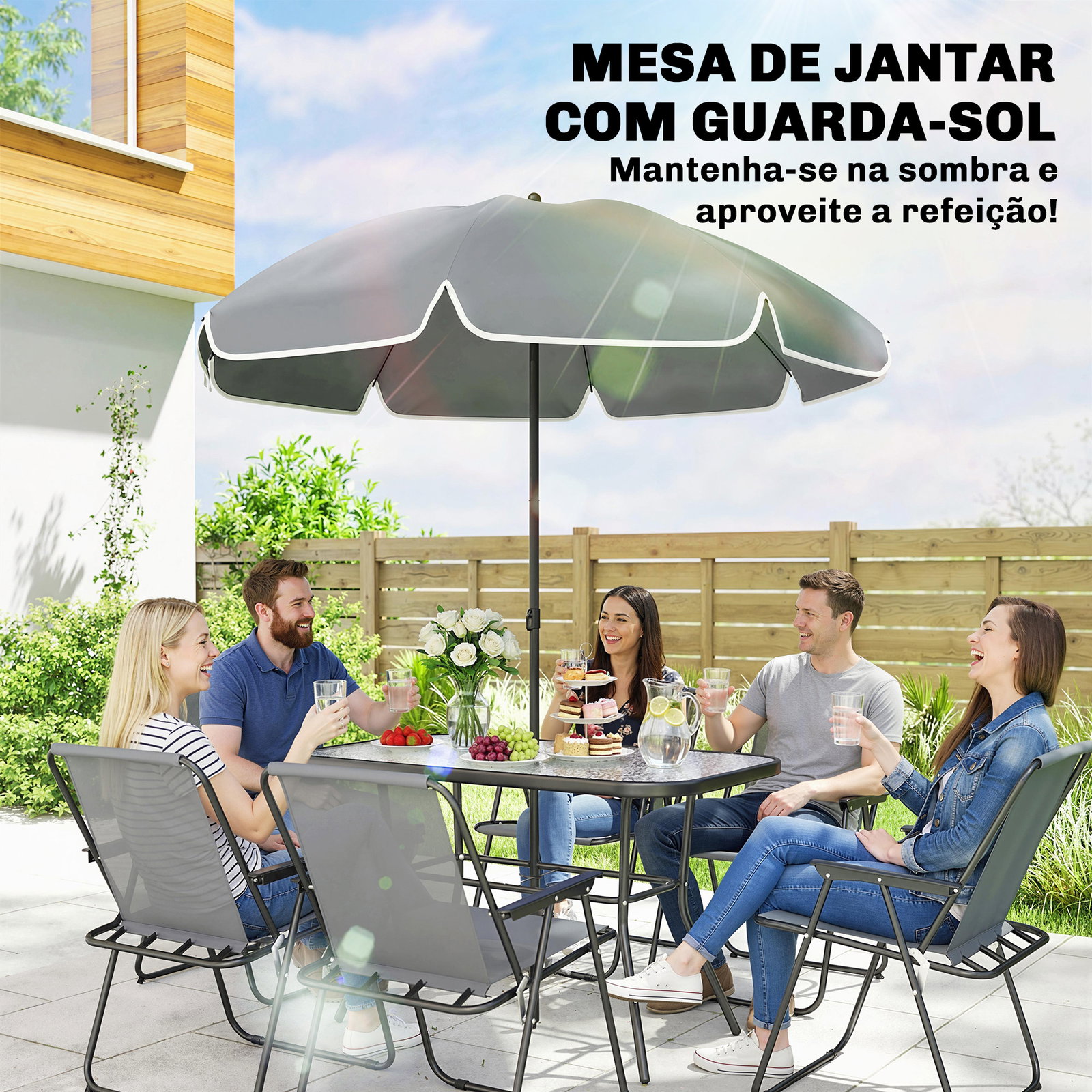 Conjunto de mesa e cadeiras de jardim de 8 peças com chapéu de sol 6 cadeiras dobráveis e mesa de vidro cinza