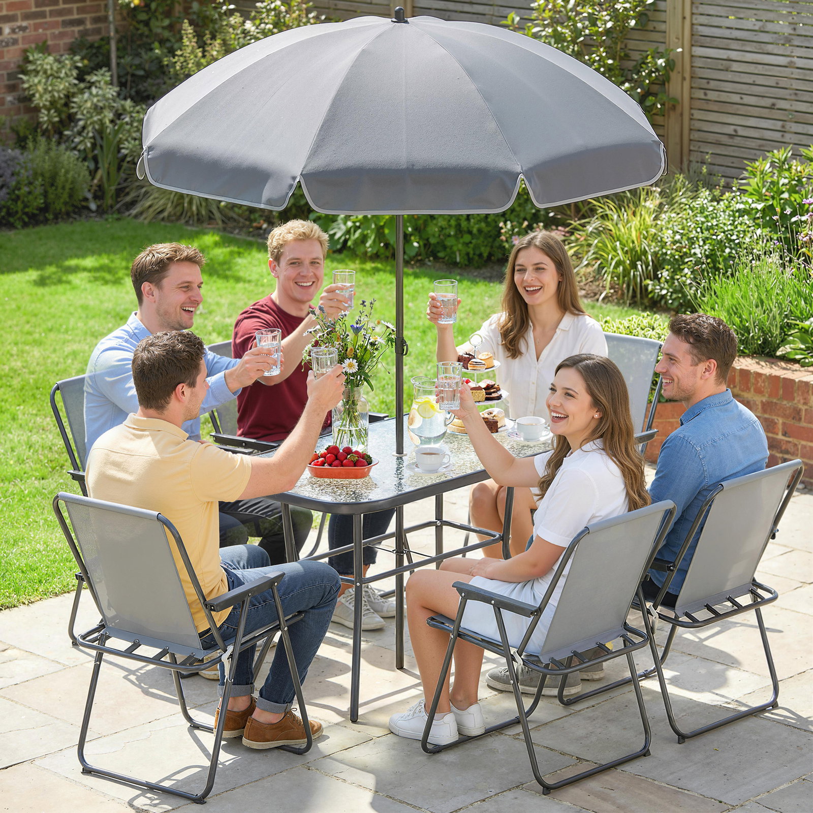 Conjunto de mesa e cadeiras de jardim de 8 peças com chapéu de sol 6 cadeiras dobráveis e mesa de vidro cinza