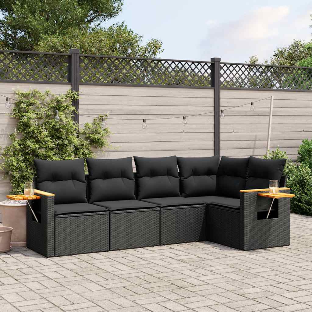 5 Pcs conjunto sofás de jardim com almofadões vime PE preto