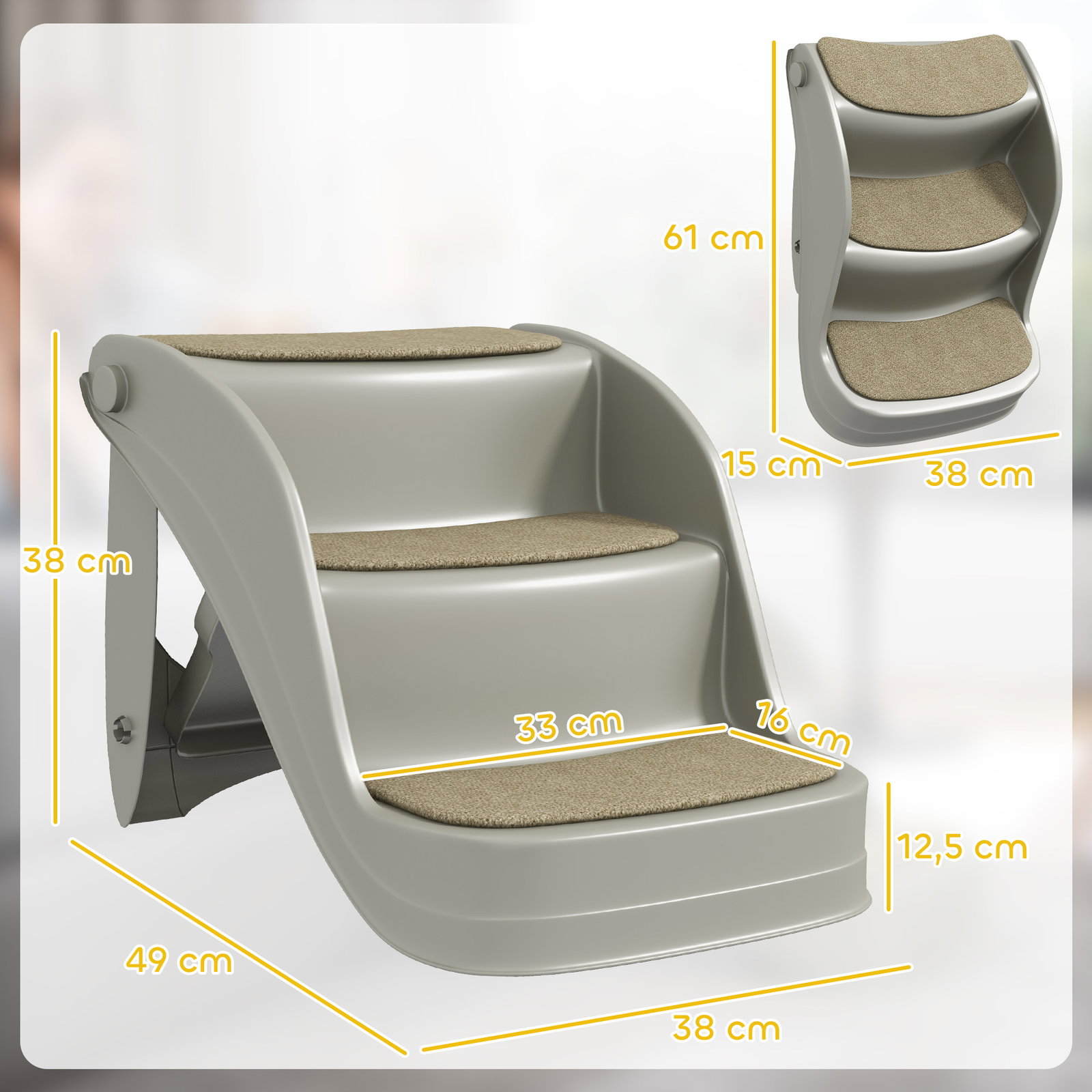 Escada para cães de 3 degraus dobrável escada para animais de estimação com tapetes antiderrapantes 49x38x38 cm cinzento