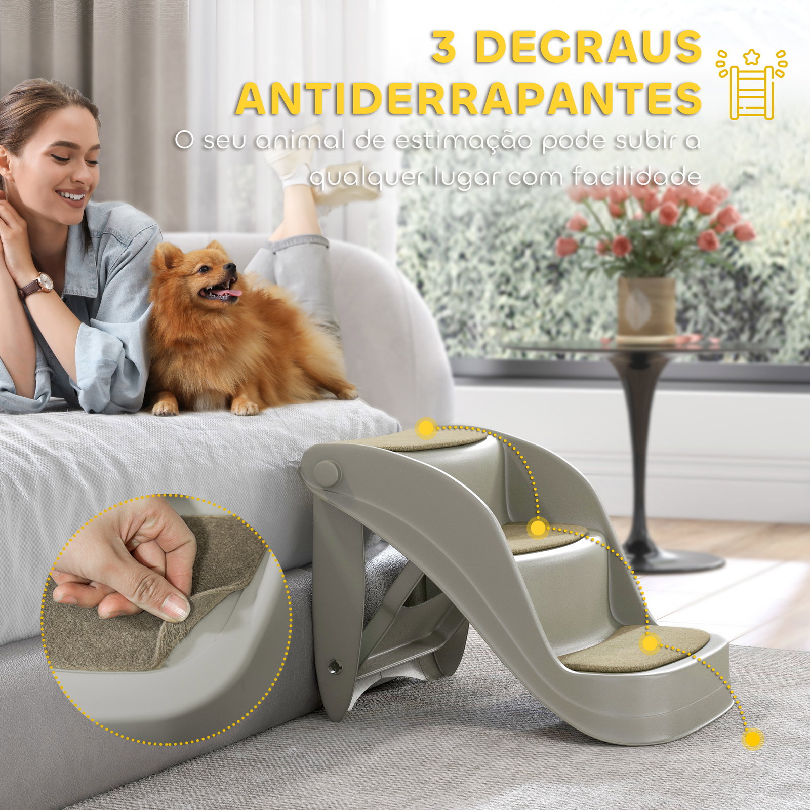Escada para cães de 3 degraus dobrável escada para animais de estimação com tapetes antiderrapantes 49x38x38 cm cinzento