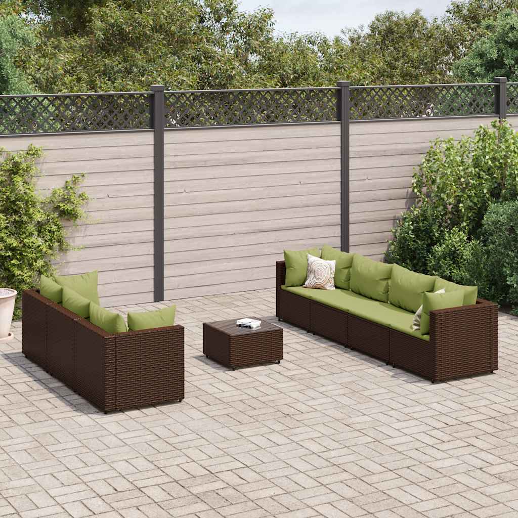 8 Pcs conjunto lounge jardim c/ almofadões vime PE castanho