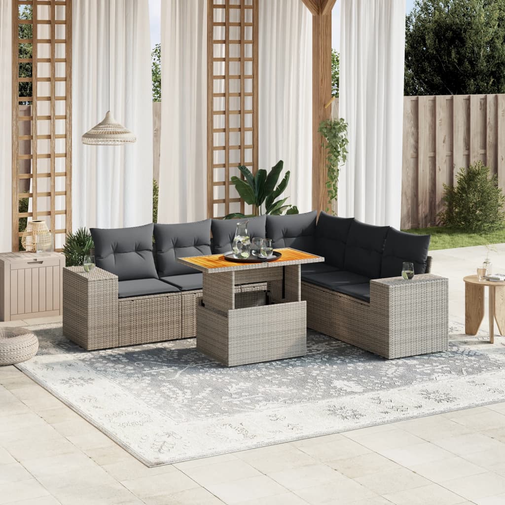 7 Pcs conjunto sofás p/ jardim c/ almofadões vime PE cinzento