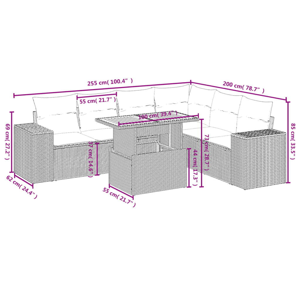 7 Pcs conjunto sofás p/ jardim c/ almofadões vime PE cinzento