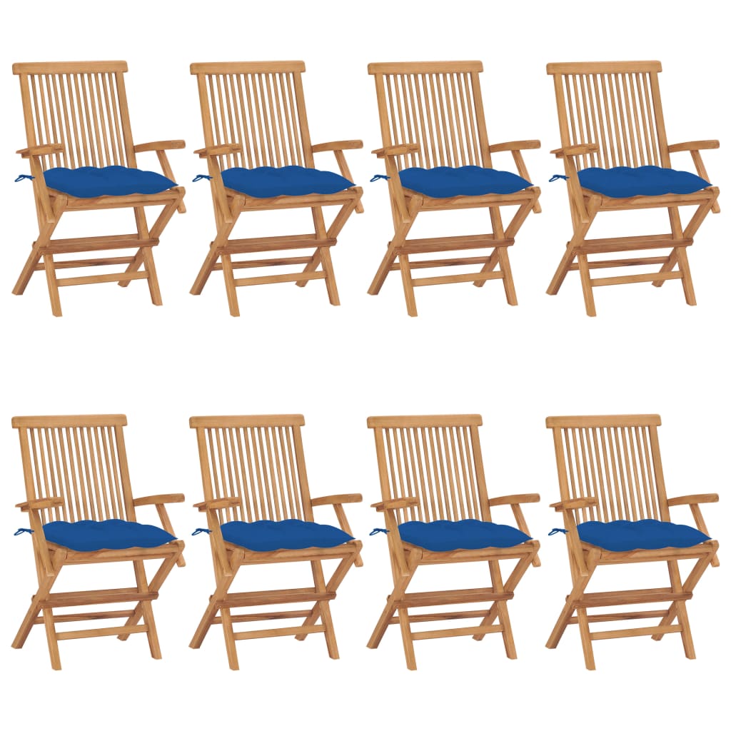 Cadeiras de jardim c/ almofadões azuis 8 pcs teca maciça