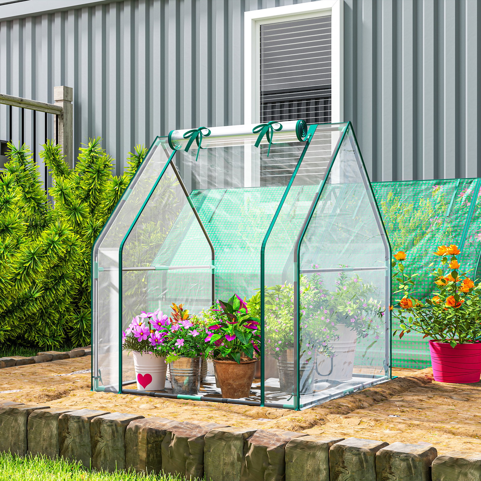 Estufa pequena porta com fecho de correr base de tecido PE impermeável e estrutura de aço estufa 90x90x105 cm transparente