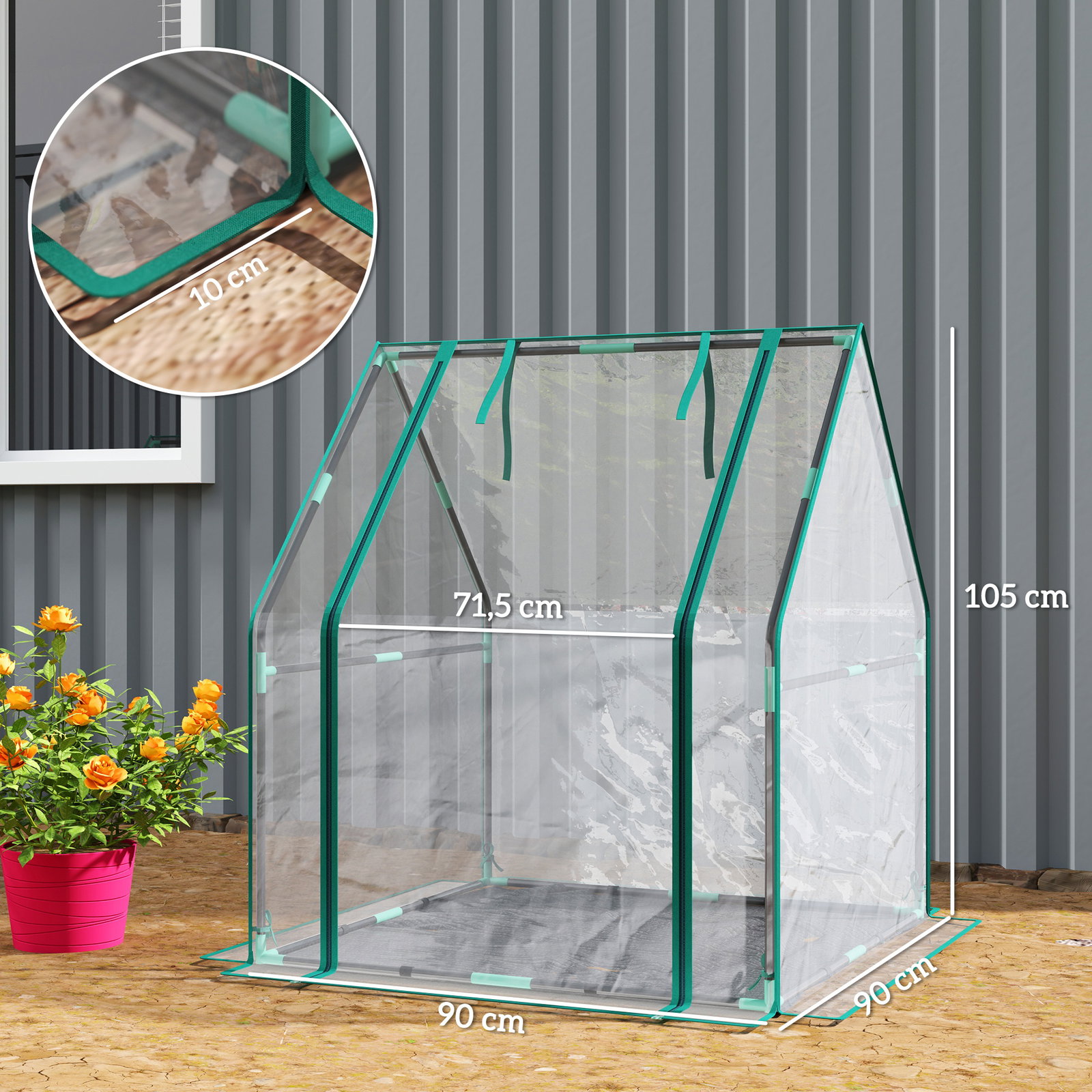 Estufa pequena porta com fecho de correr base de tecido PE impermeável e estrutura de aço estufa 90x90x105 cm transparente