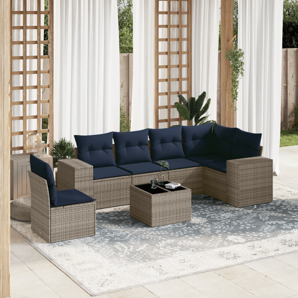 Conjunto de sofá de jardim com 7 peças e almofadas em rattan sintético cinza