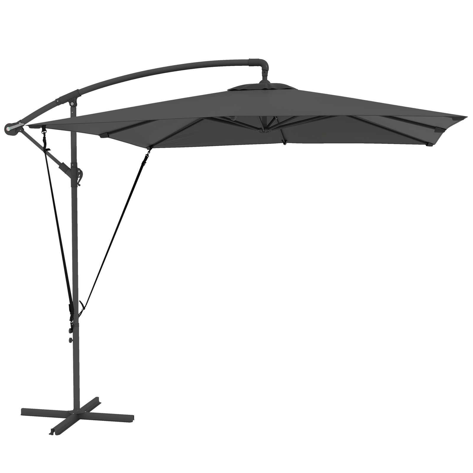 Chapéu de sol excêntrico 247x247 cm com base cruzada, manivela, capa protetora e cobertura giratória 360°, cinzento escuro